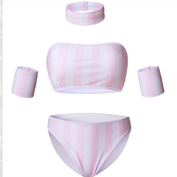 BOGO 1\2 OFF Pink&White Striped Bikini With Choker - Picture 3 of 8